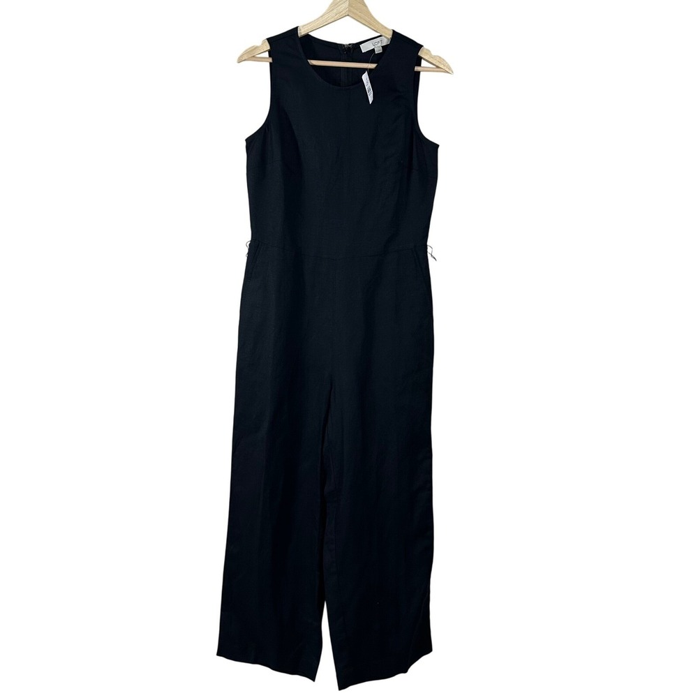 LOFT‎ Womens Black Linen Blend Sleeveless Wide Leg Jumpsuit Size 0 Pockets